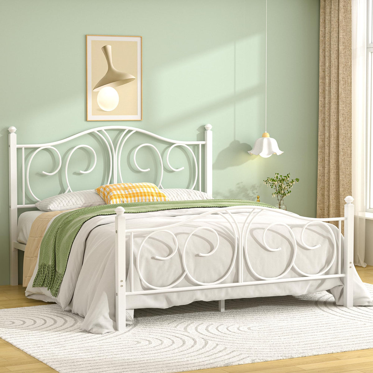 Full Size Pure White Metal Platform Bed Frame with Headboard and Footboard Z117986