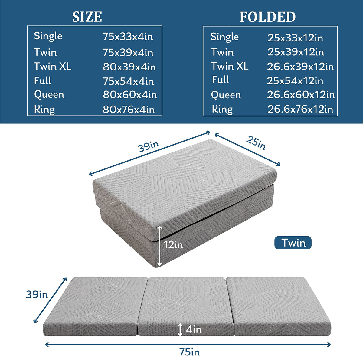 4 Inch Tri Folding Memory Foam Mattress G66738