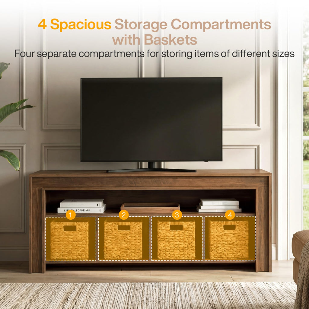 63" Wooden TV Stand with 4 Woven Baskets M12022