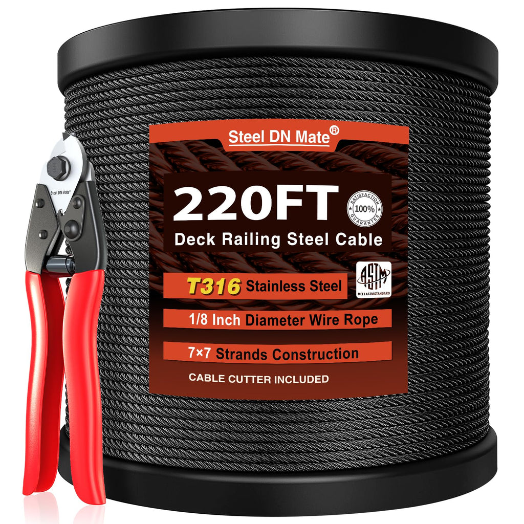Black Stainless Steel Cable for Railing 220FT 1/8" T316 Wire Rope X175