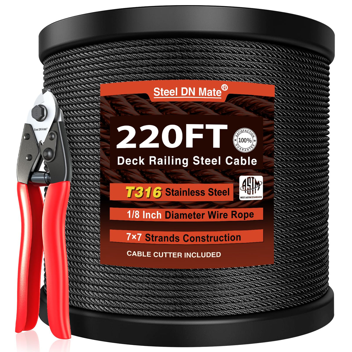 Black Stainless Steel Cable for Railing 220FT 1/8" T316 Wire Rope X175