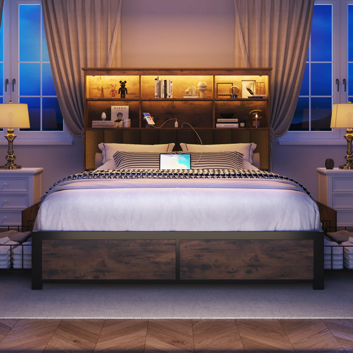 Queen Bed Frame with Storage Drawers and Charging Station D158923