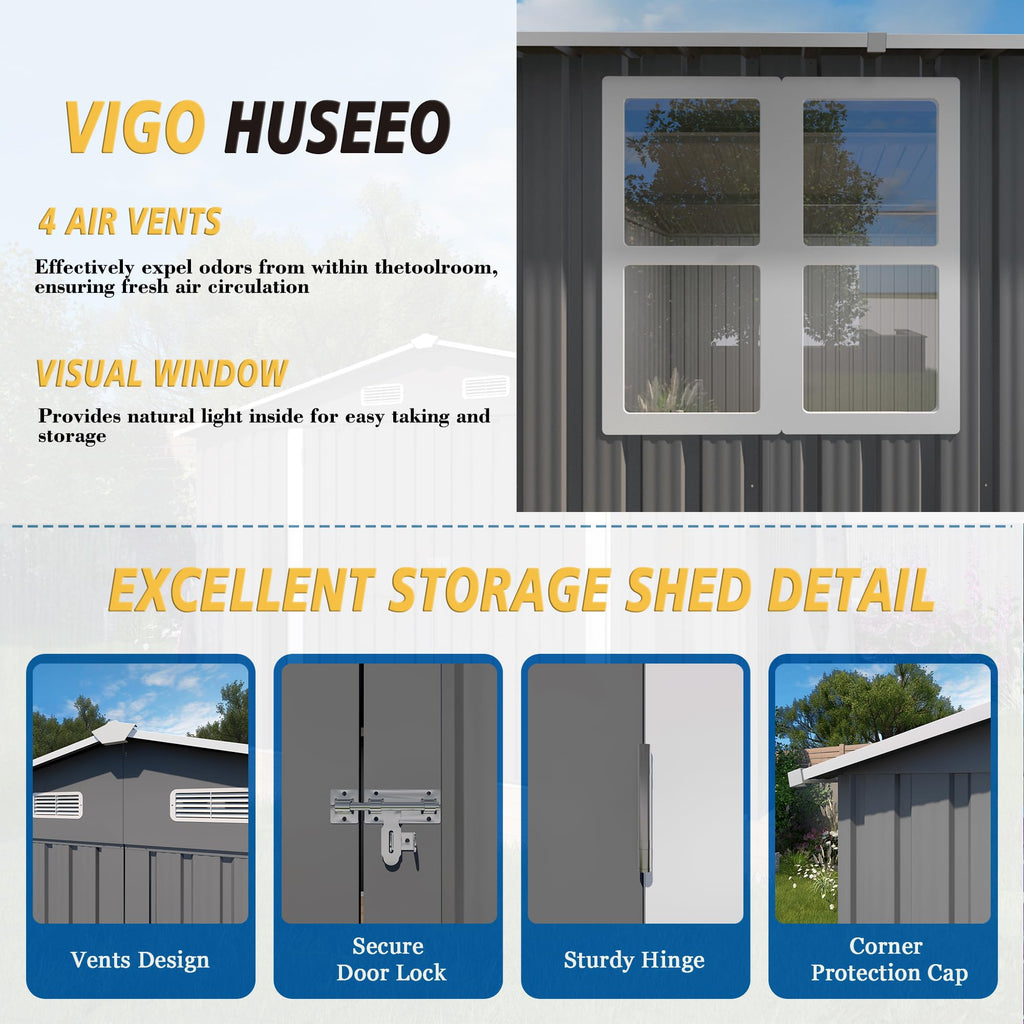 10x14x6.7FT Galvanized Steel Outdoor Storage Shed with Lockable Door & Window Q47797