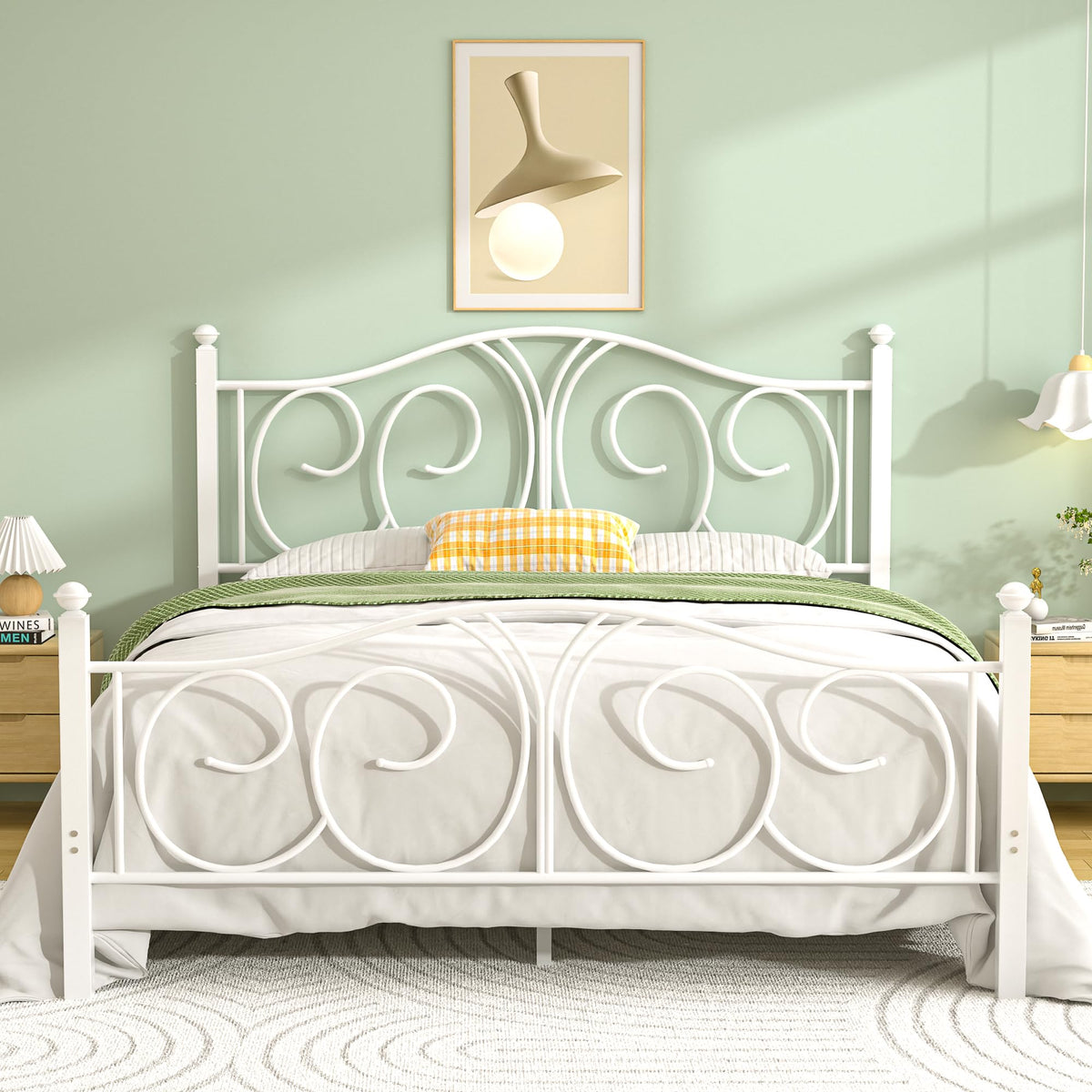 Full Size Pure White Metal Platform Bed Frame with Headboard and Footboard Z117986