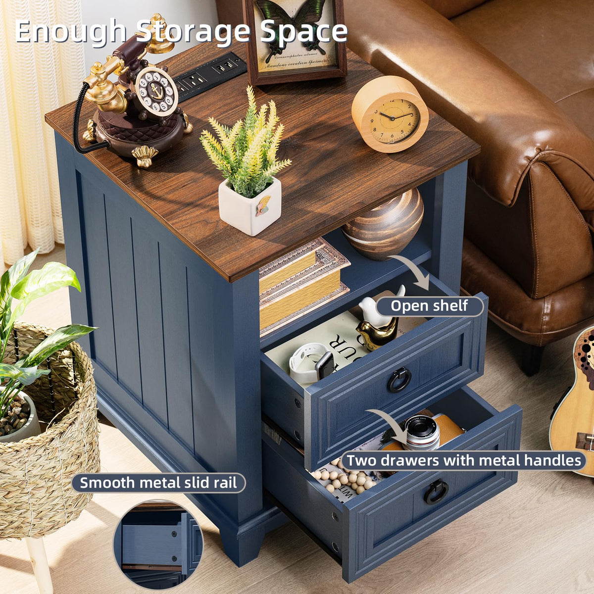 18" Blue Wooden Nightstand Set of 2 with Charging Station V6191