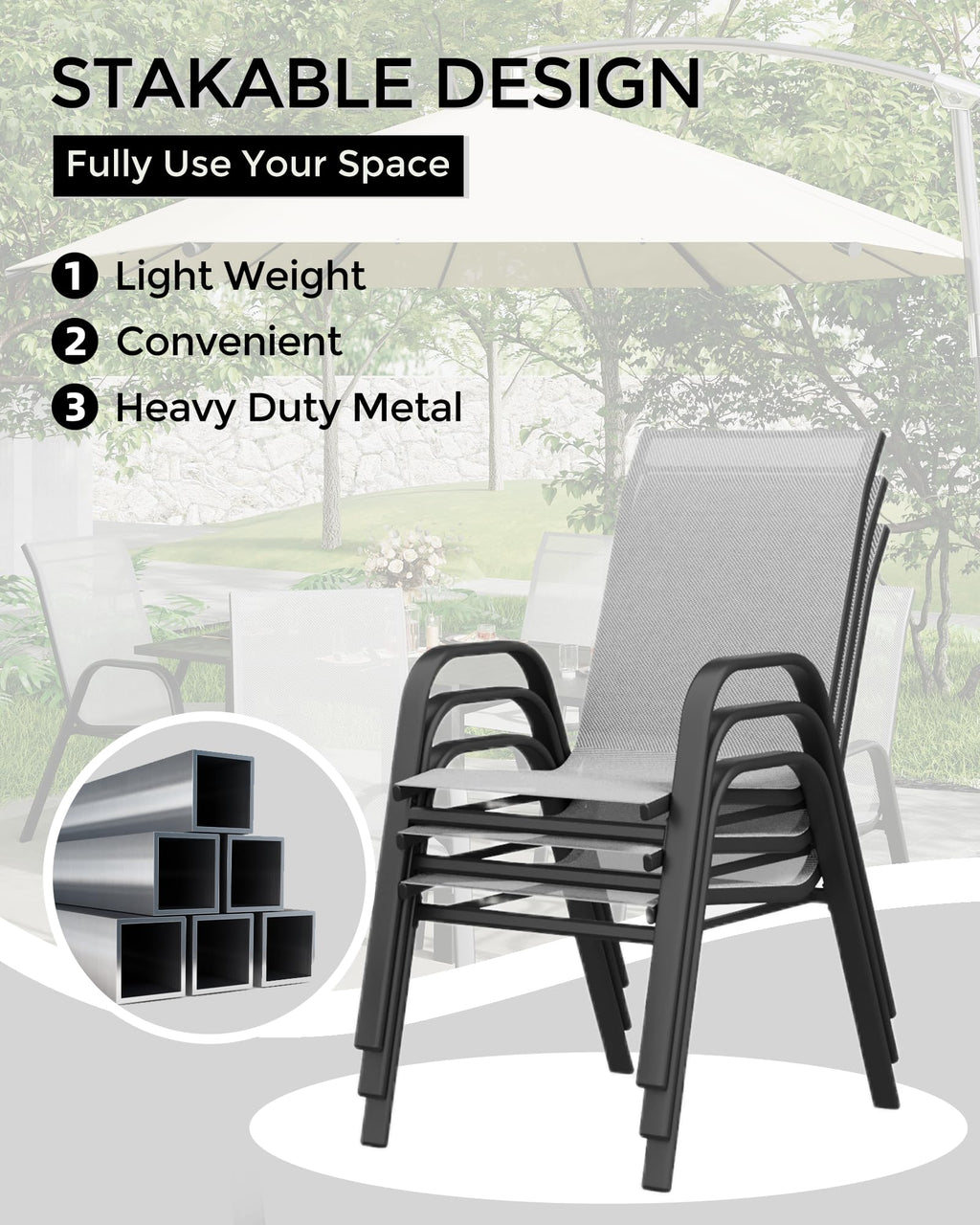 Stackable Outdoor Dining Chairs Set of 4 Textilene Fabric Metal Frame Grey B4460
