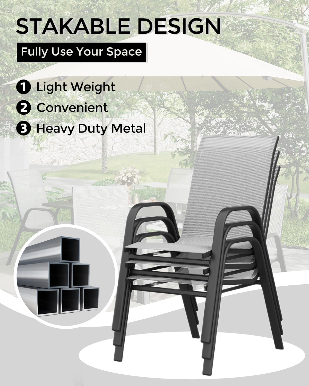 Stackable Outdoor Dining Chairs Set of 4 Textilene Fabric Metal Frame Grey B4460