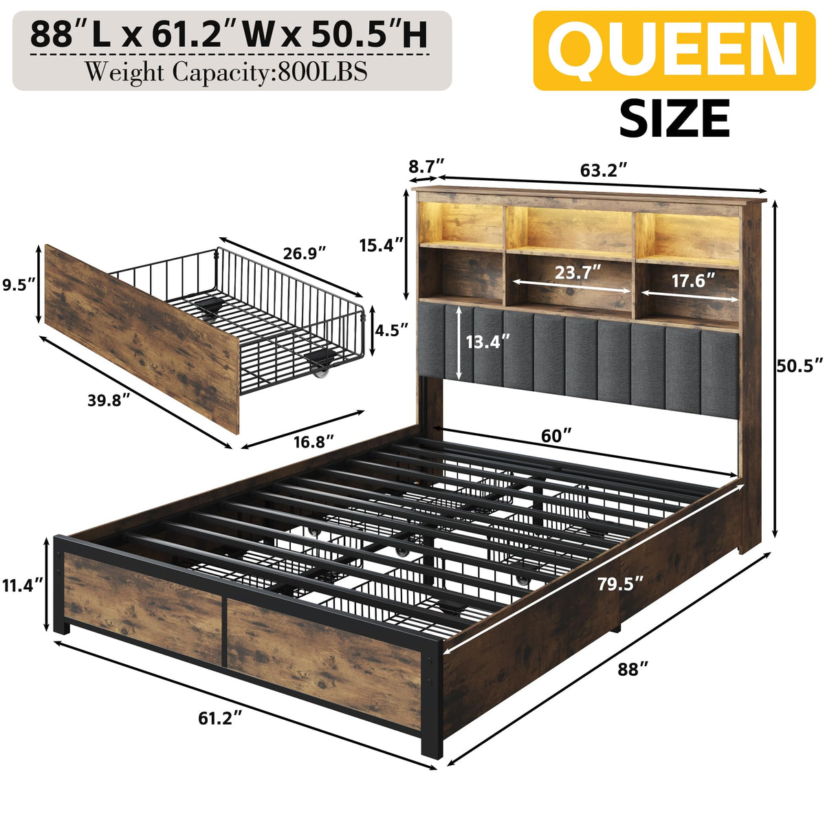 Queen Bed Frame with Storage Drawers and Charging Station D158923