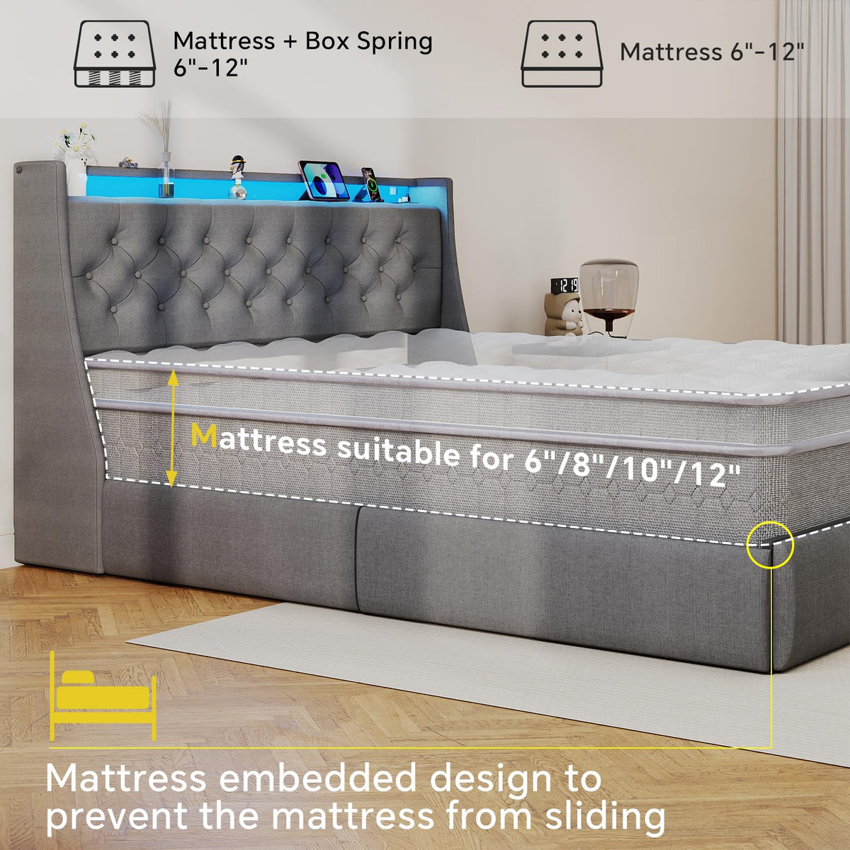 Queen Size Grey Bed Frame with 2 Storage Drawer H5106