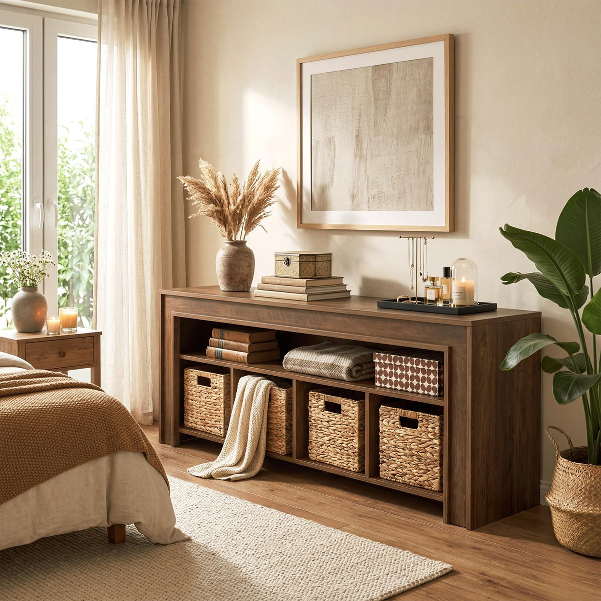 63" Wooden TV Stand with 4 Woven Baskets M12022