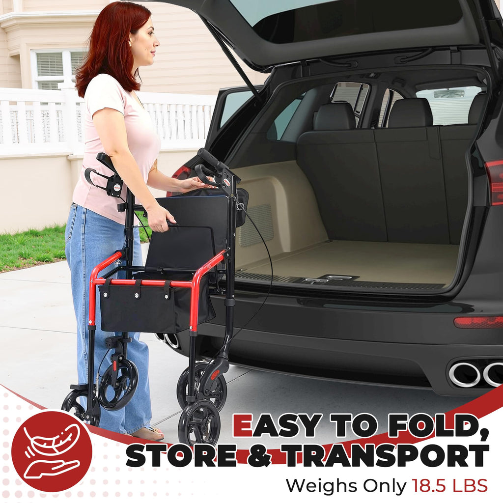 Foldable Lightweight Rolling Walker with Seat, 8" Wheels, 300 lb. Capacity, Red P78876