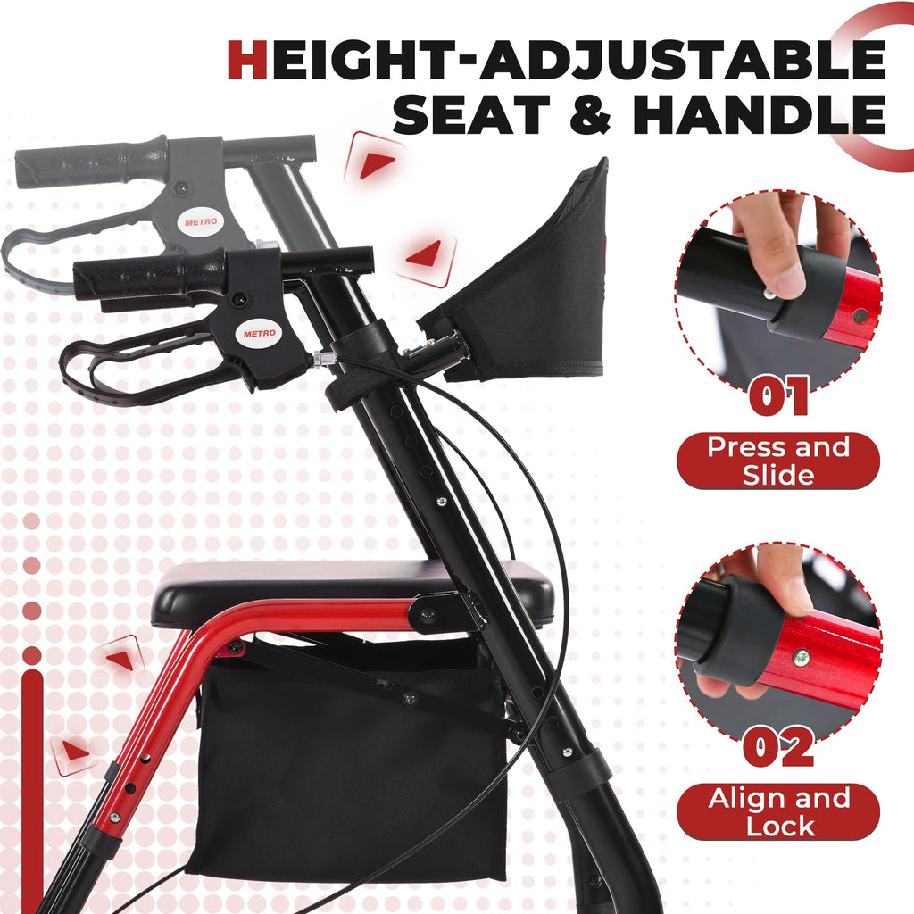 Foldable Lightweight Rolling Walker with Seat, 8" Wheels, 300 lb. Capacity, Red P78876