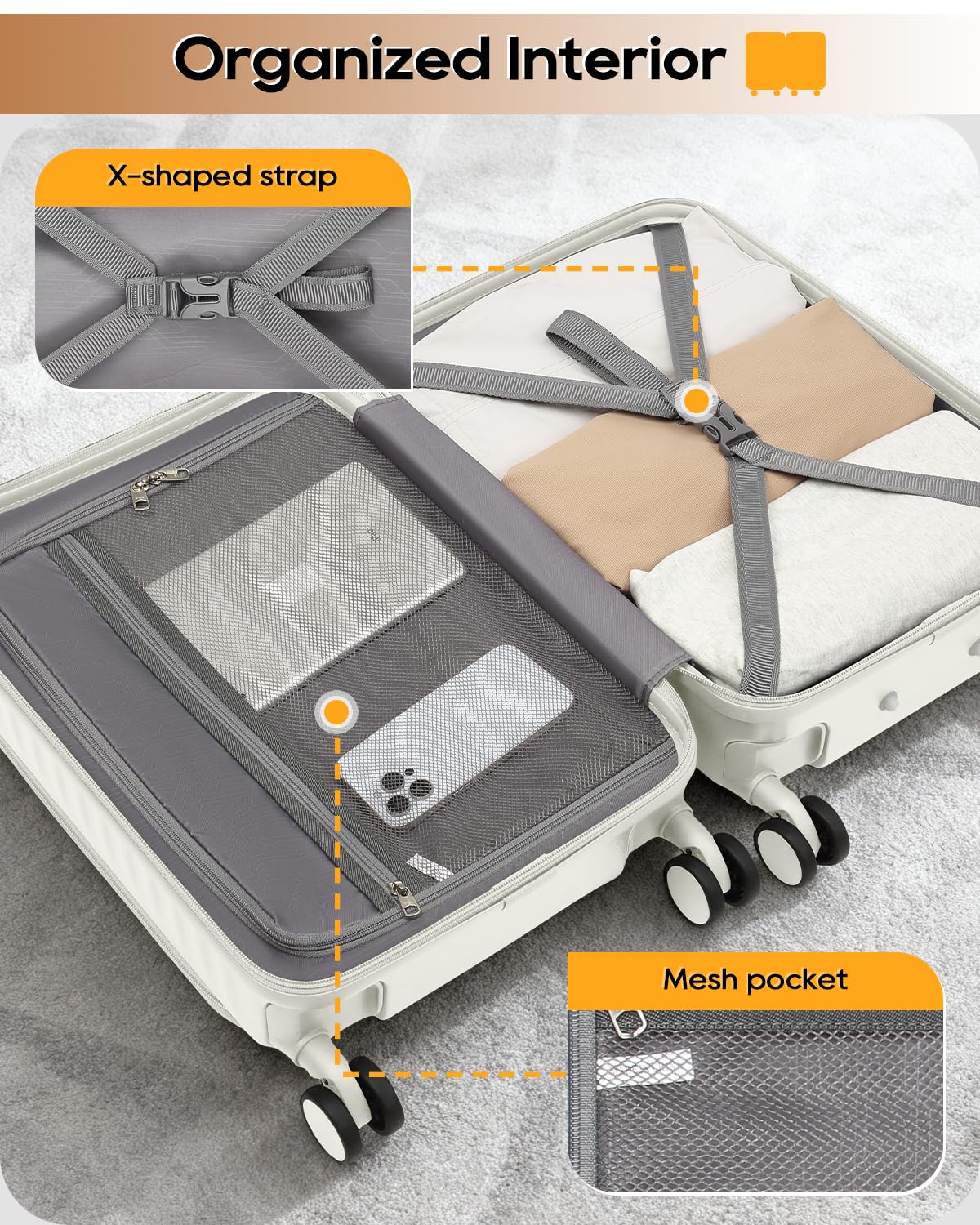 20 Inch Carry On Luggage with Front Pocket and Cup Holder, White O579473
