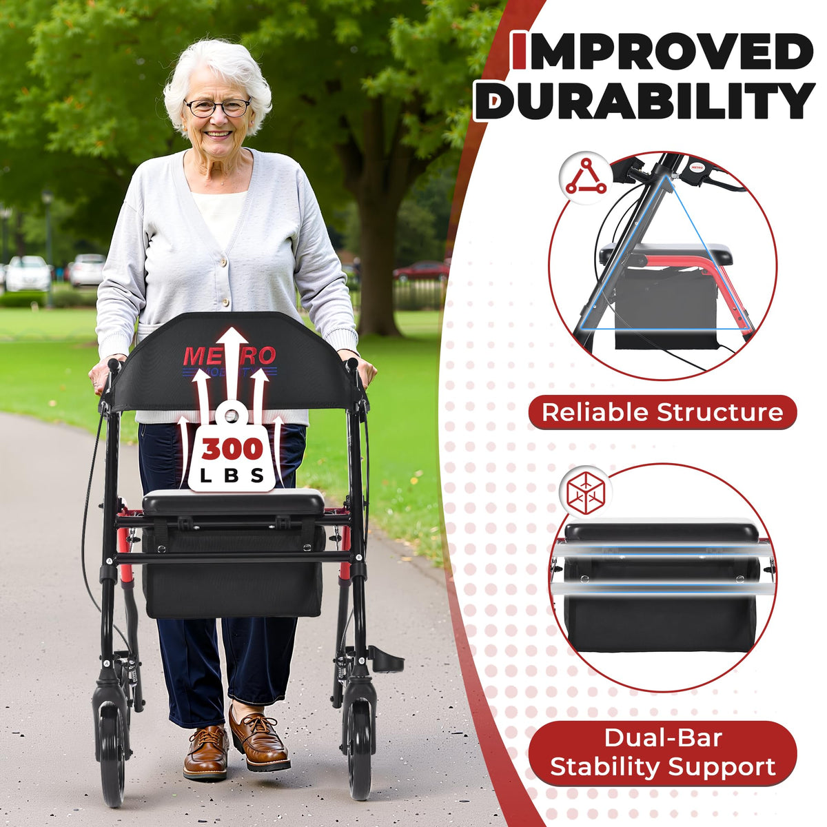 Foldable Lightweight Rolling Walker with Seat, 8" Wheels, 300 lb. Capacity, Red P78876
