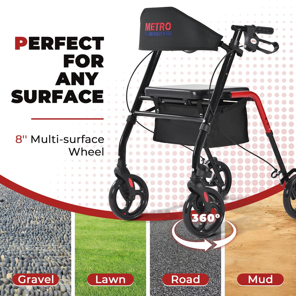 Foldable Lightweight Rolling Walker with Seat, 8" Wheels, 300 lb. Capacity, Red P78876