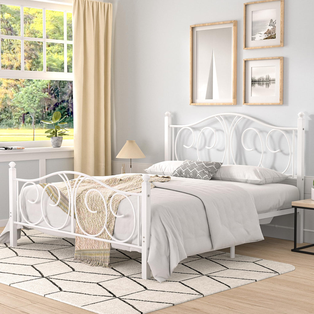Full Size Pure White Metal Platform Bed Frame with Headboard and Footboard Z117986