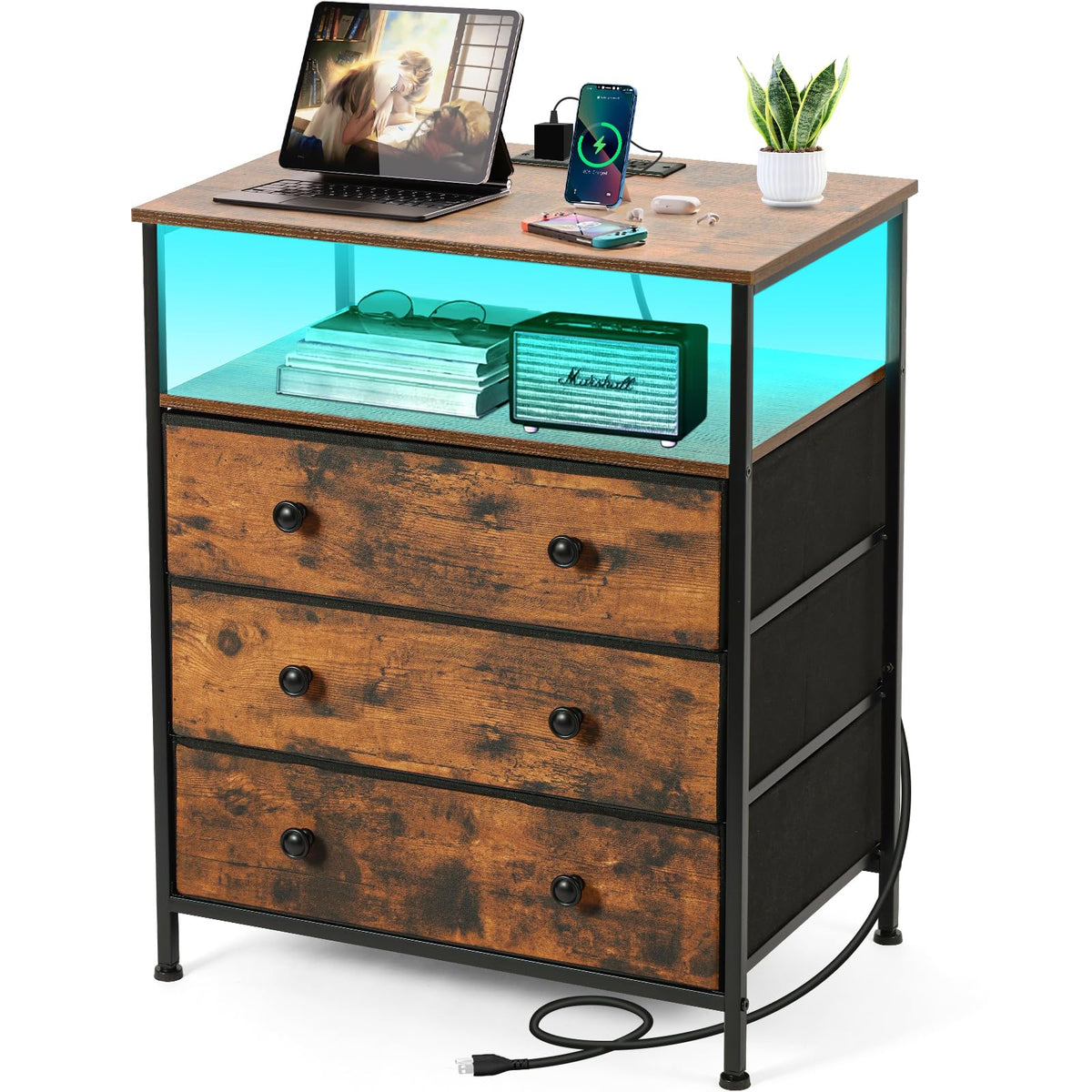 3-Drawer LED Nightstand with Charging Station I612158