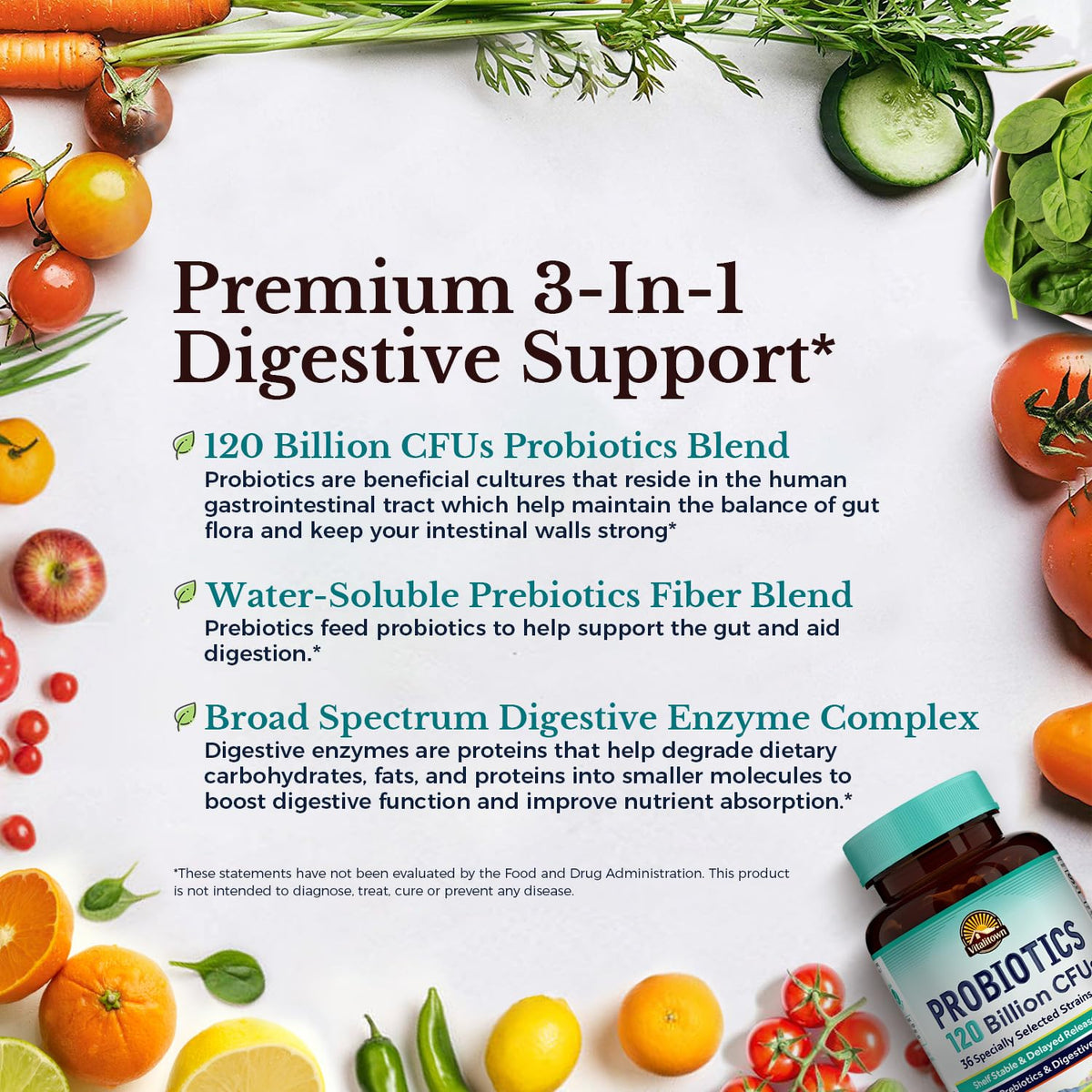Probiotics 120 Billion CFUs 36 Strains with Prebiotics & Digestive Enzymes 30 Veg Caps J787952