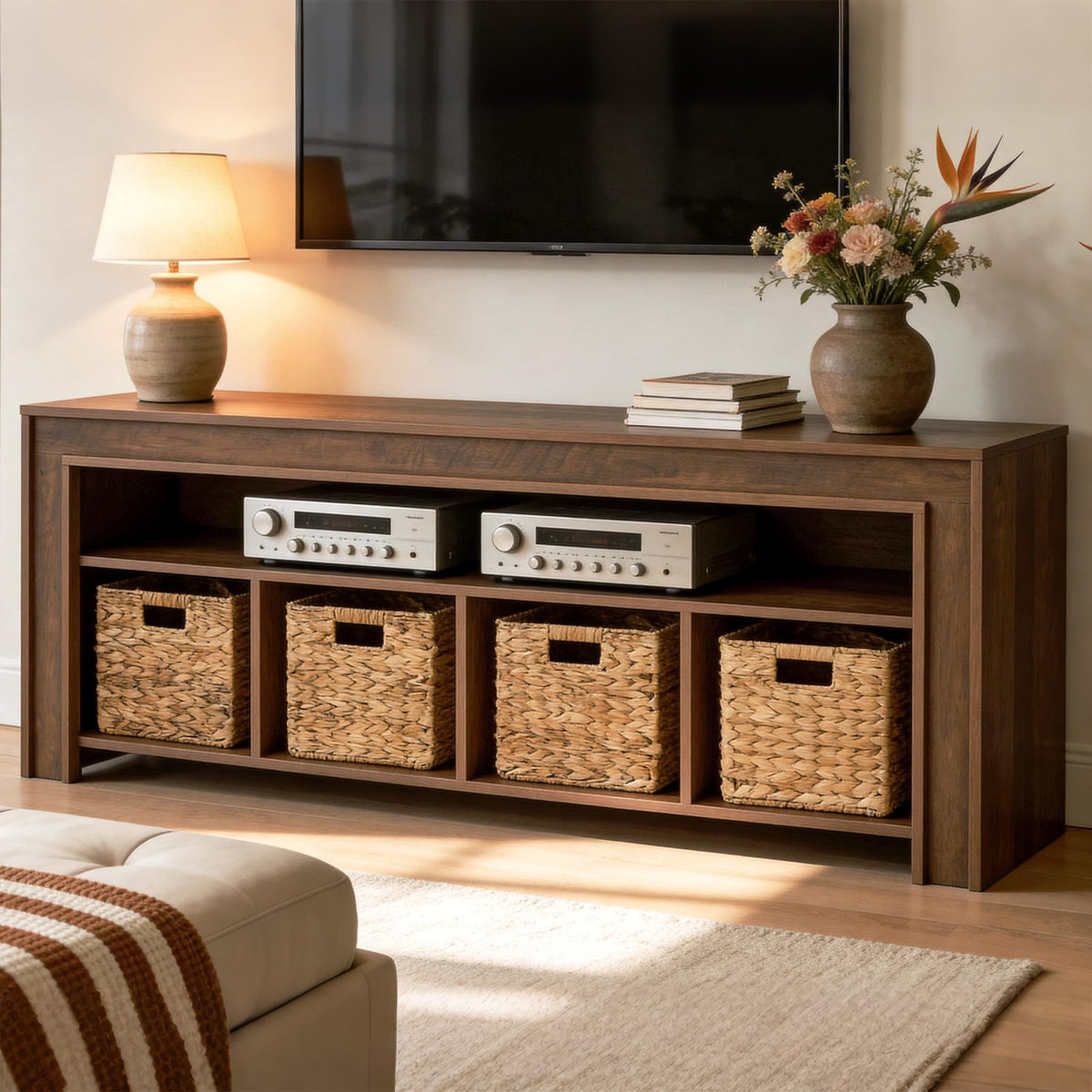 63" Wooden TV Stand with 4 Woven Baskets M12022