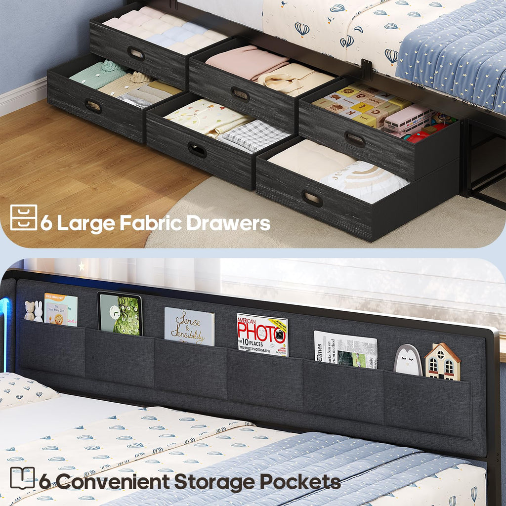 Twin Corner Bed Frame with 8 Storage Drawers and LED Lights, Grey I549