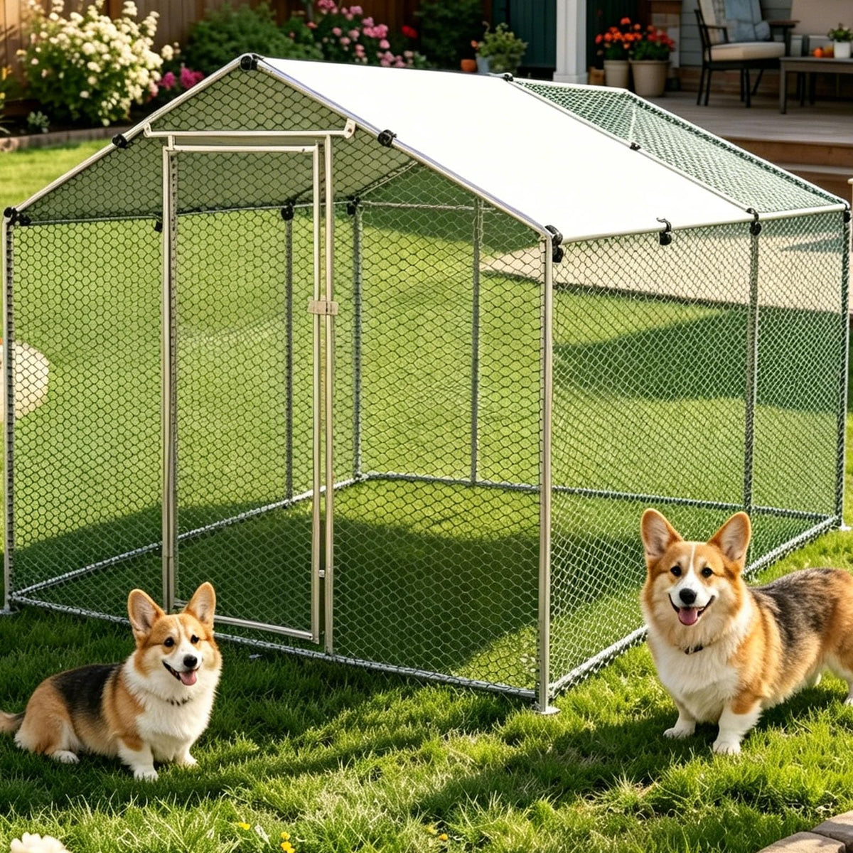Large Outdoor Dog Kennel Heavy Duty Metal Dog Run with Weatherproof Cover T662198