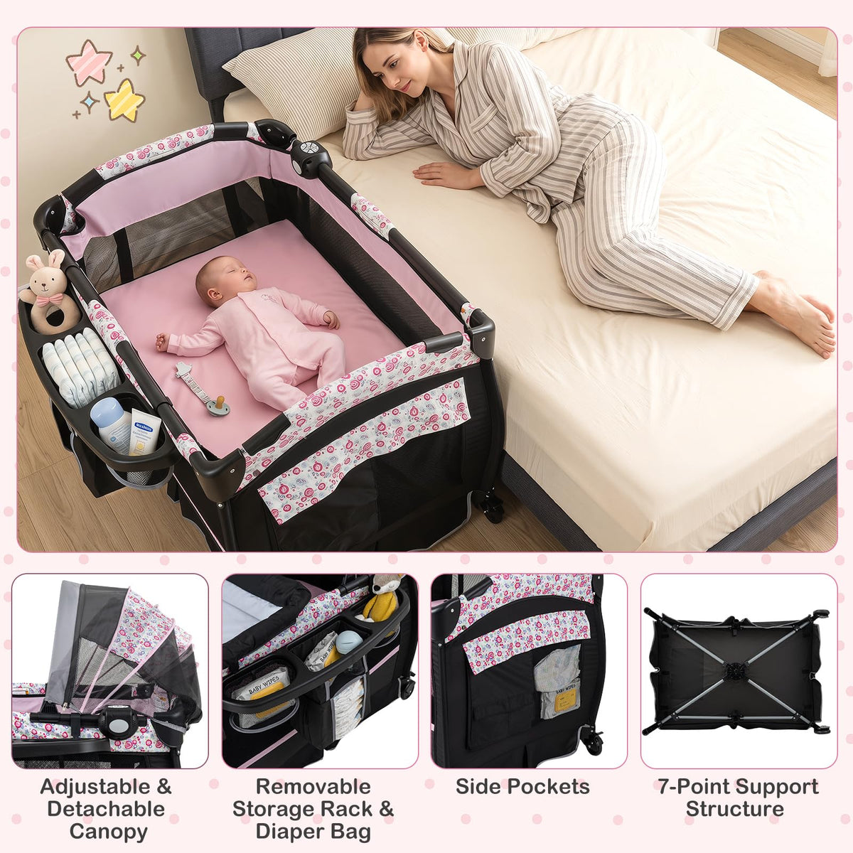 4 in 1 Pack and Play Portable Baby Playard with Bassinet I68032