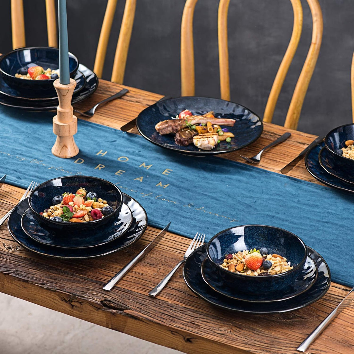 Ceramic Salad Bowls Set, 32 Ounce, Set of 4, Blue X749859
