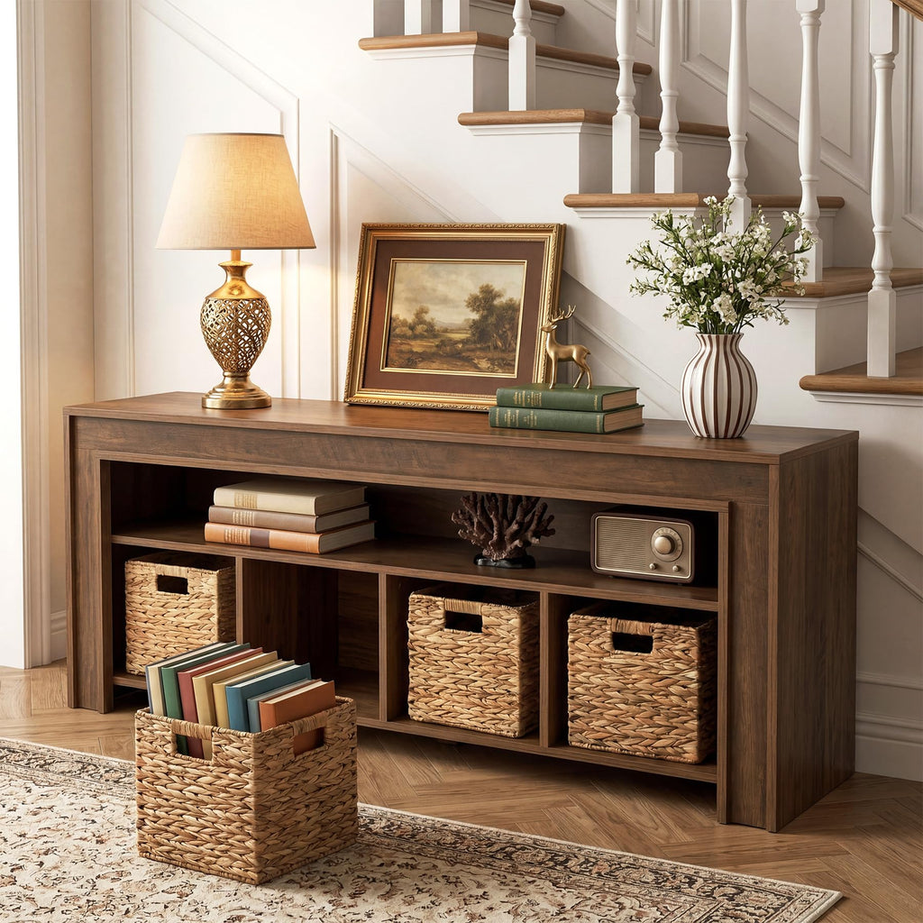 63" Wooden TV Stand with 4 Woven Baskets M12022