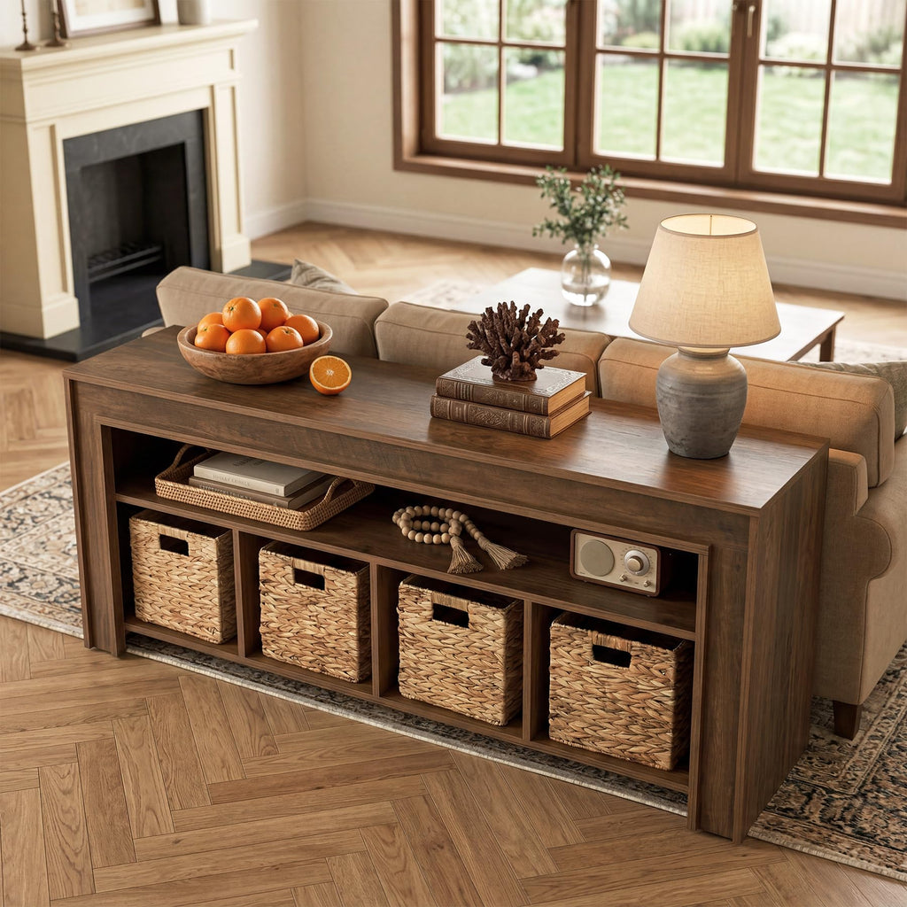 63" Wooden TV Stand with 4 Woven Baskets M12022