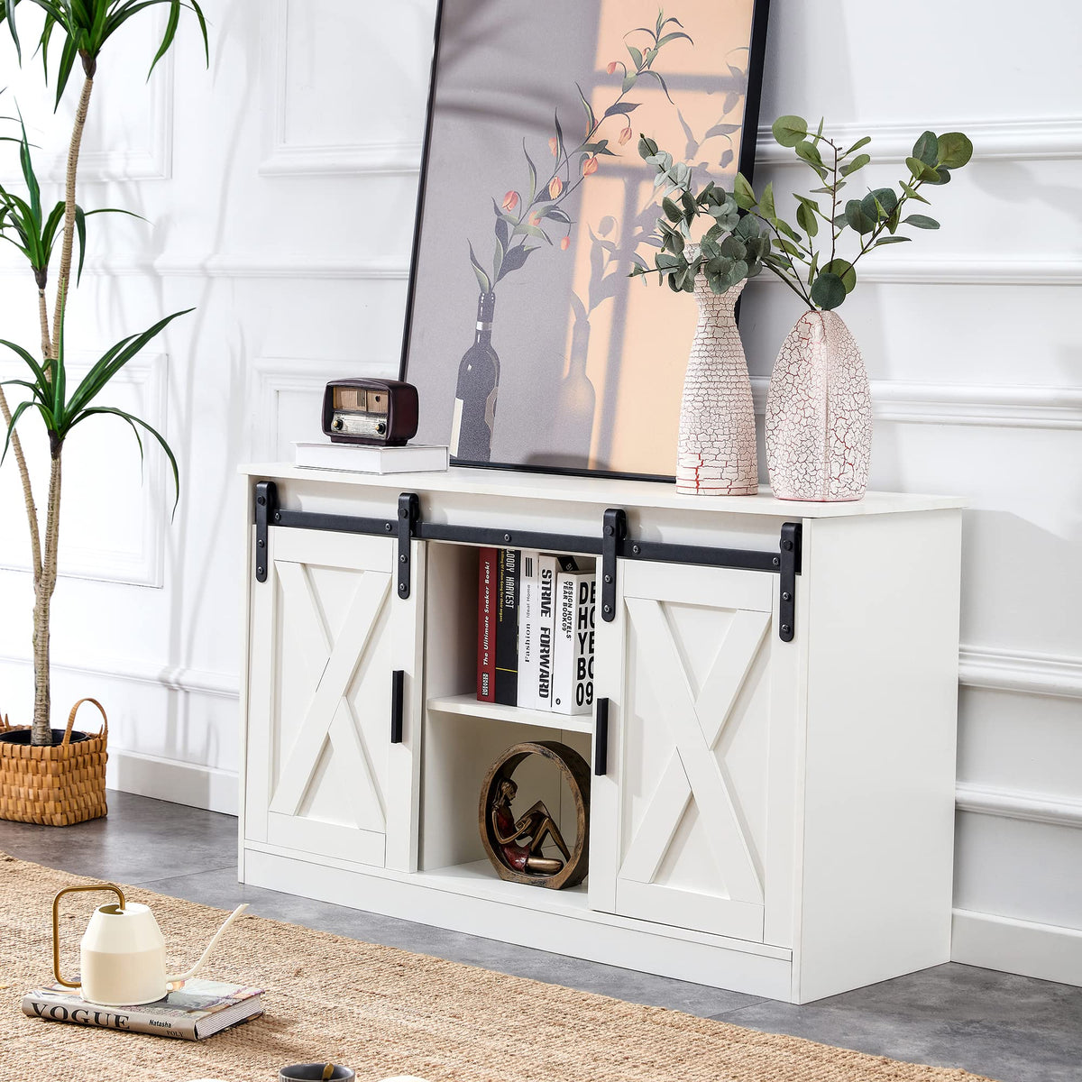 White Farmhouse TV Stand with Sliding Barn Door and Storage Cabinets W47241