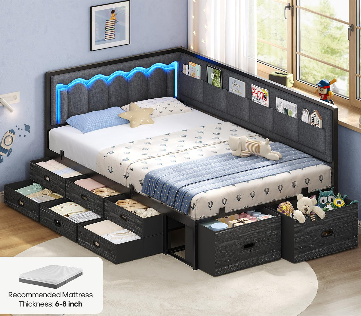 Twin Corner Bed Frame with 8 Storage Drawers and LED Lights, Grey I549