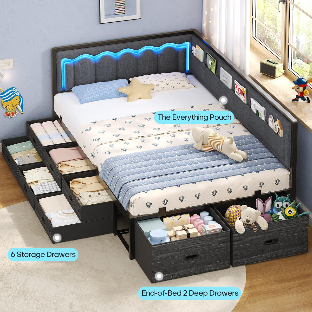Twin Corner Bed Frame with 8 Storage Drawers and LED Lights, Grey I549