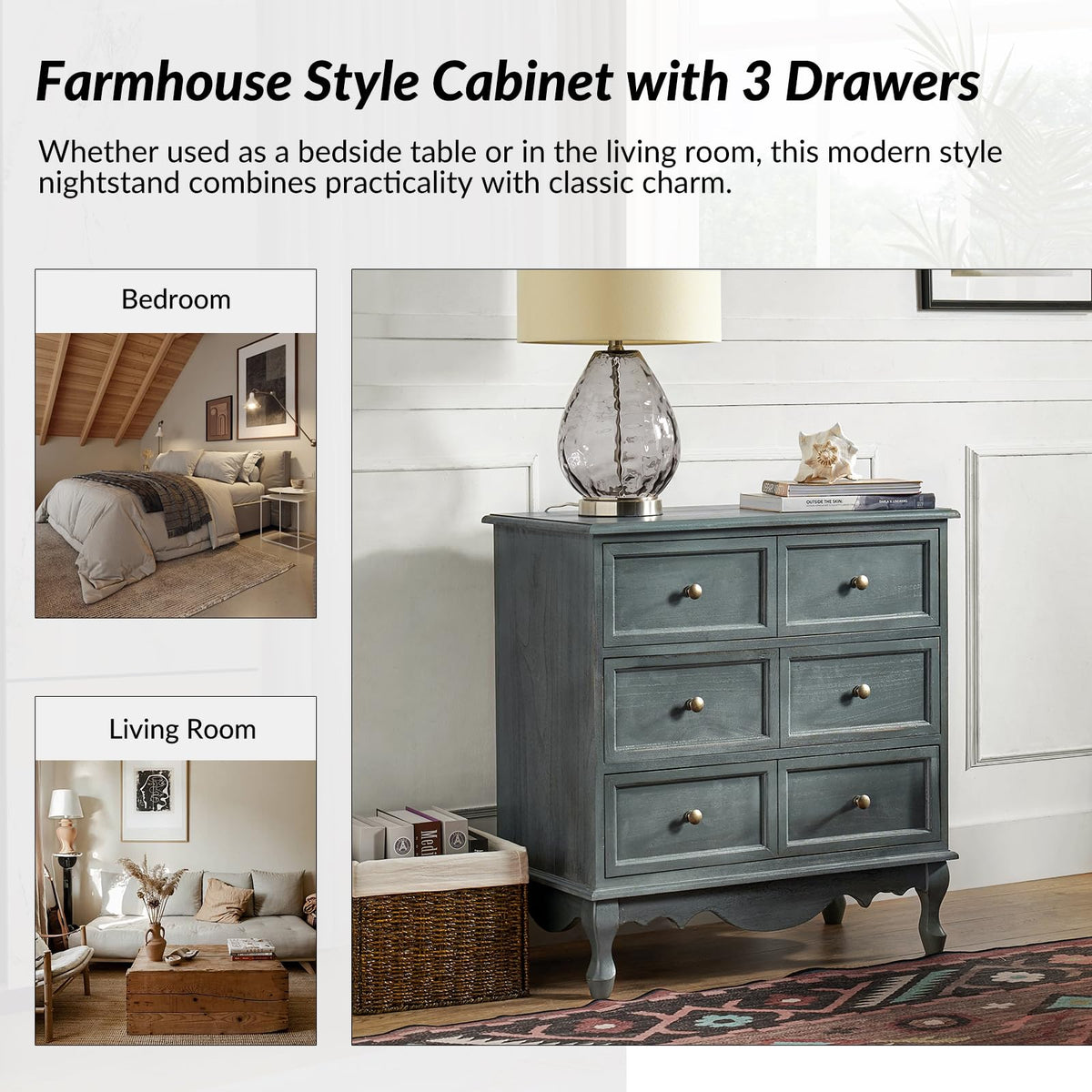 Blue 3-Drawer Nightstand with Charging Station L514346