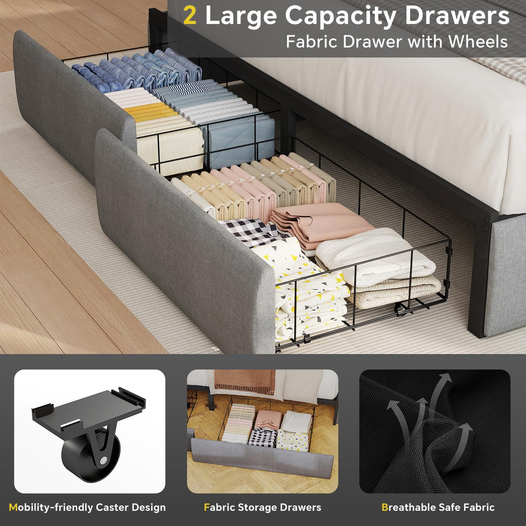 Queen Size Grey Bed Frame with 2 Storage Drawer H5106