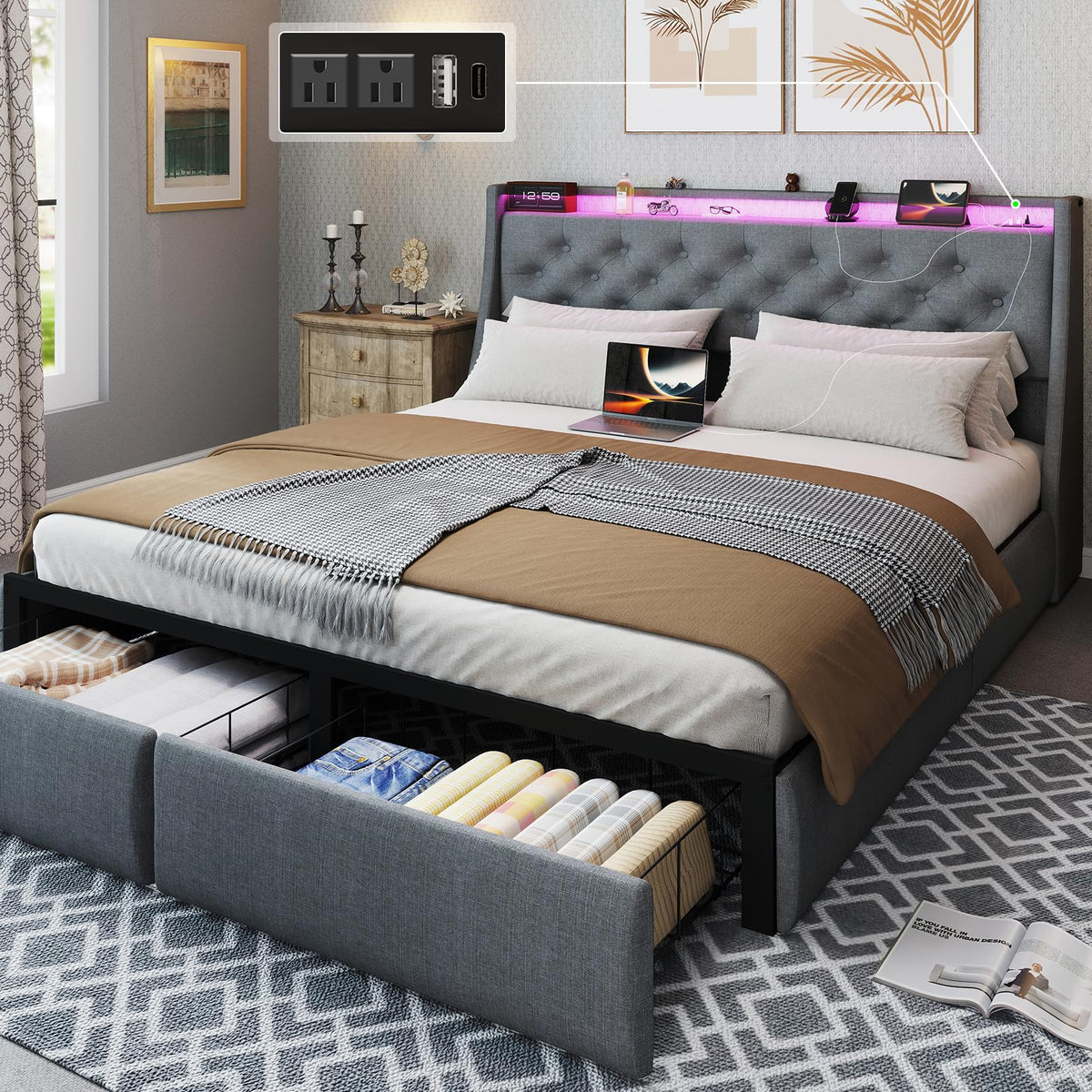 Queen Size Grey Bed Frame with 2 Storage Drawer H5106