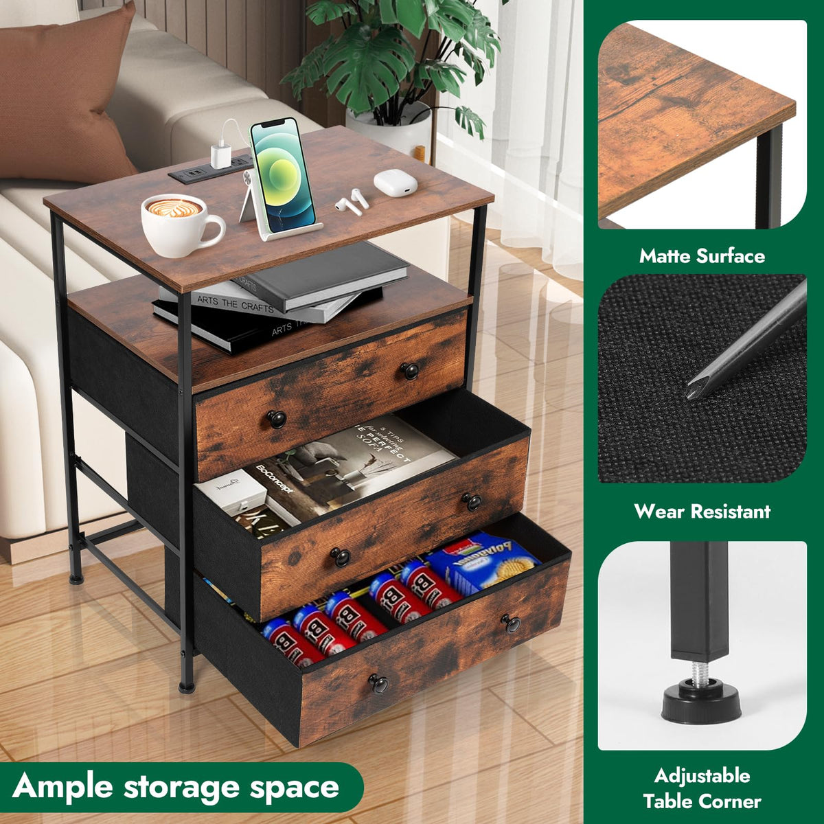 3-Drawer LED Nightstand with Charging Station I612158