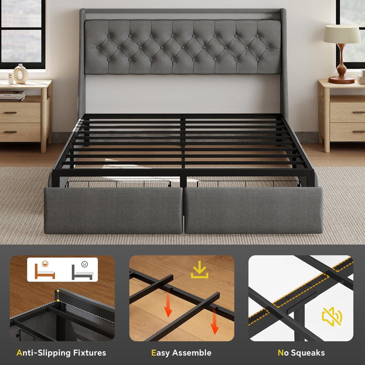 Queen Size Grey Bed Frame with 2 Storage Drawer H5106