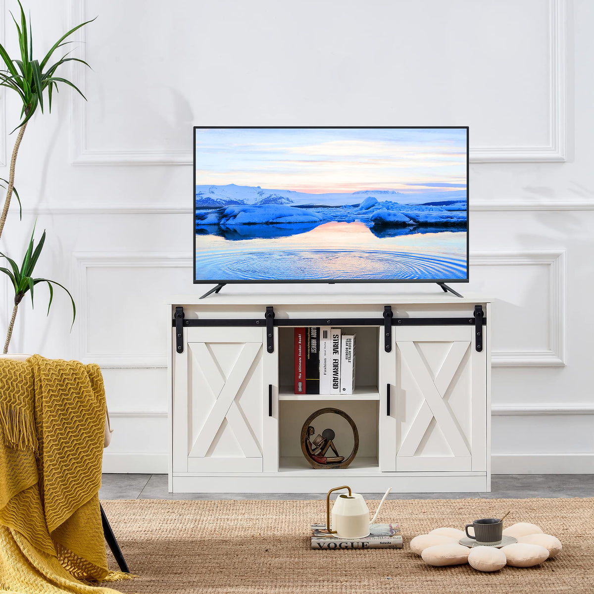 White Farmhouse TV Stand with Sliding Barn Door and Storage Cabinets W47241