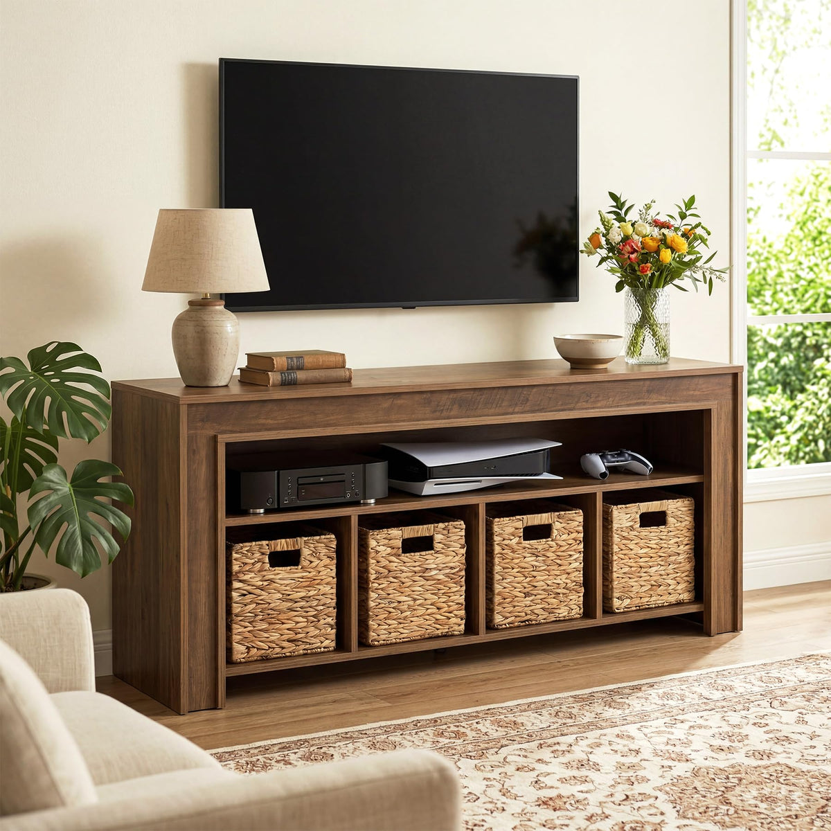 63" Wooden TV Stand with 4 Woven Baskets M12022