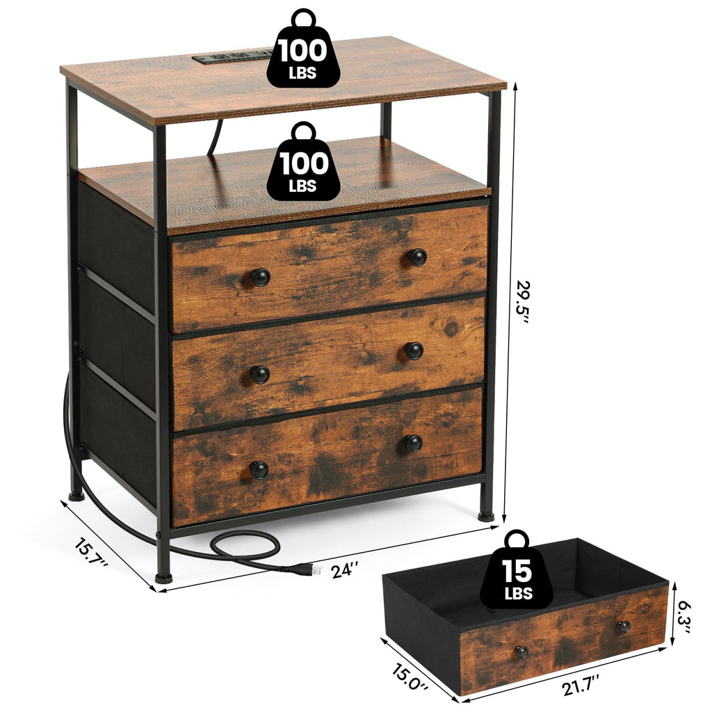 3-Drawer LED Nightstand with Charging Station I612158