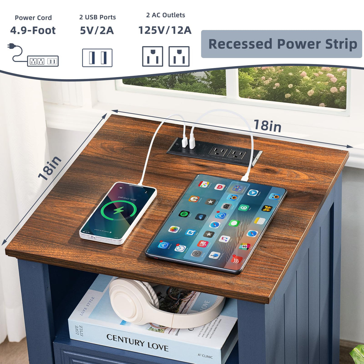 18" Blue Wooden Nightstand Set of 2 with Charging Station V6191