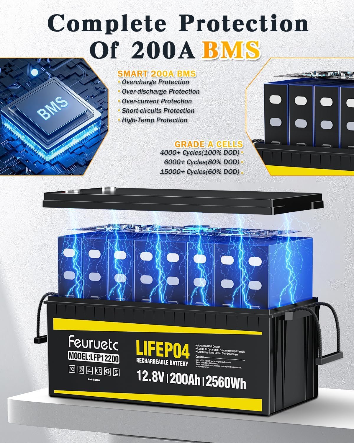12V 200Ah LiFePO4 Deep Cycle Lithium Battery with 200A BMS Q8858