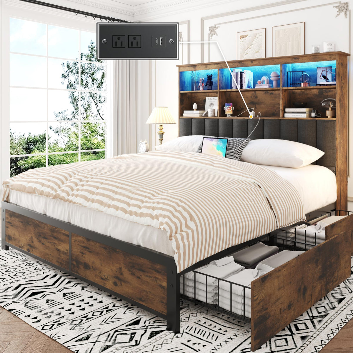 Queen Bed Frame with Storage Drawers and Charging Station D158923