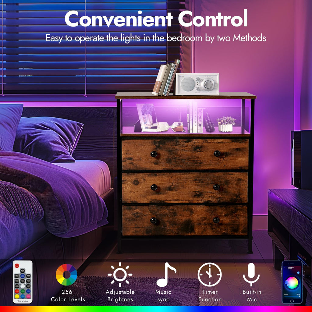 3-Drawer LED Nightstand with Charging Station I612158