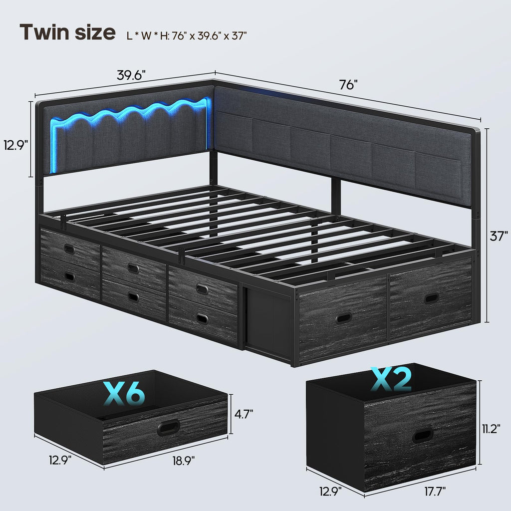 Twin Corner Bed Frame with 8 Storage Drawers and LED Lights, Grey I549
