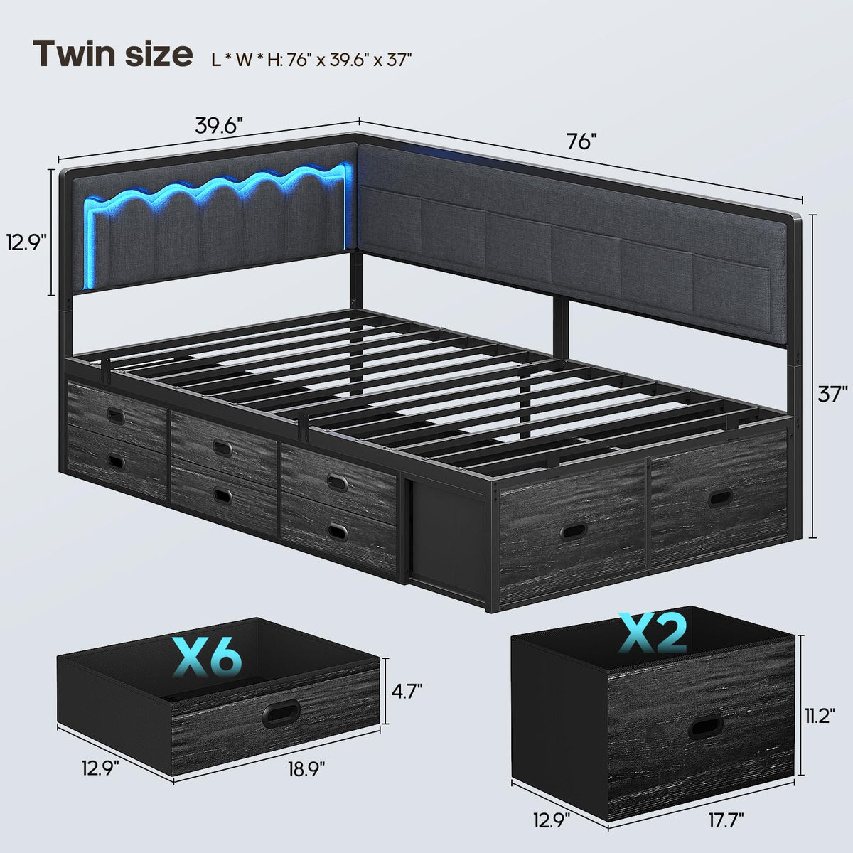 Twin Corner Bed Frame with 8 Storage Drawers and LED Lights, Grey I549