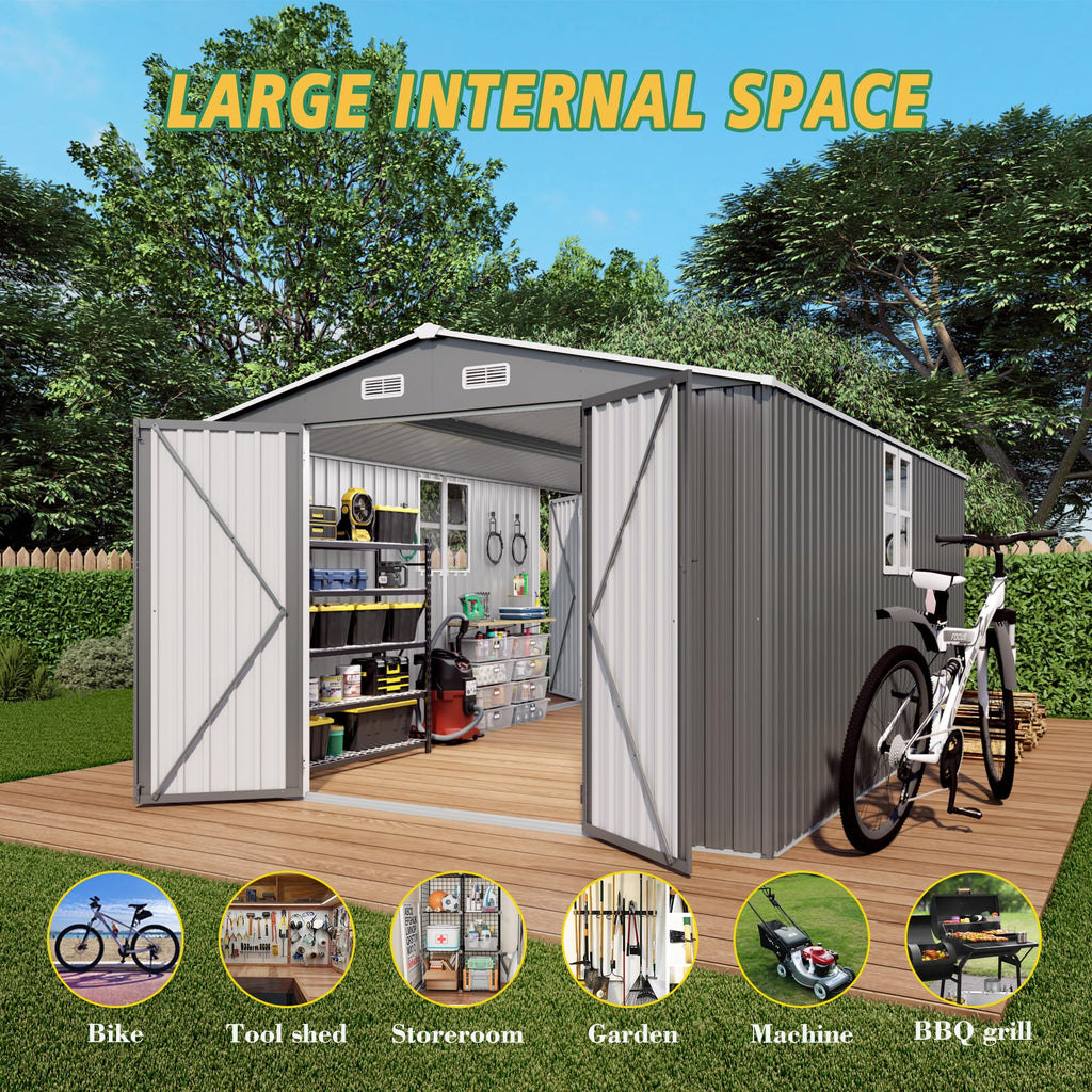 10x14x6.7FT Galvanized Steel Outdoor Storage Shed with Lockable Door & Window Q47797