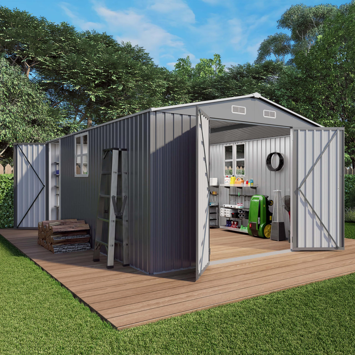 10x14x6.7FT Galvanized Steel Outdoor Storage Shed with Lockable Door & Window Q47797