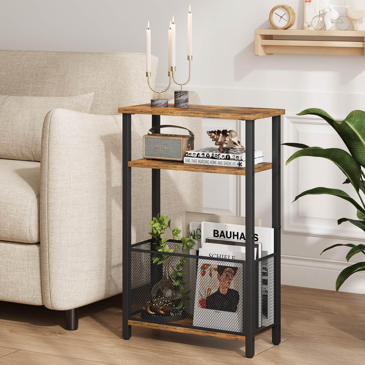 Narrow 3 Tier Side Table with Storage Basket T600