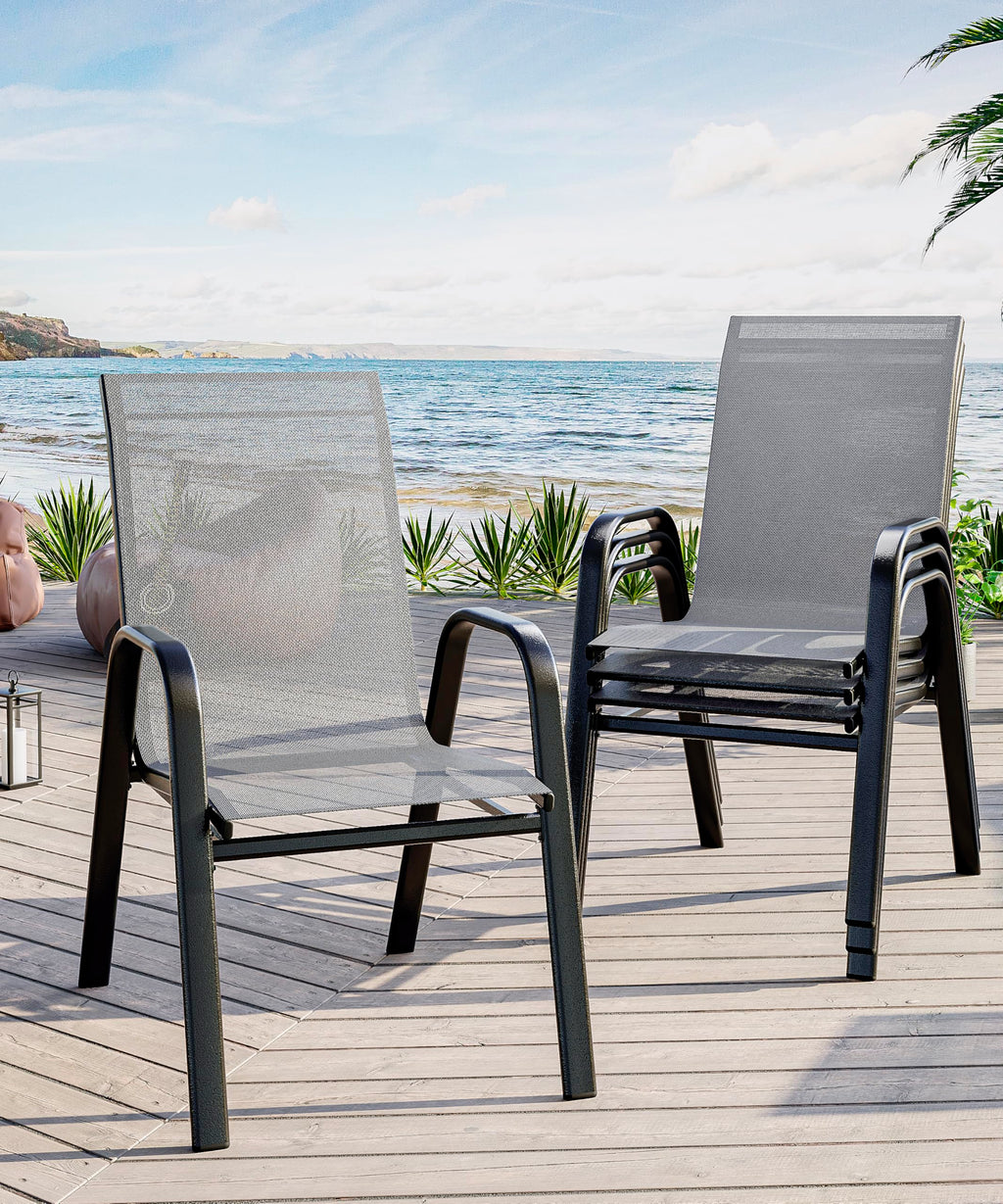 Stackable Outdoor Dining Chairs Set of 4 Textilene Fabric Metal Frame Grey B4460